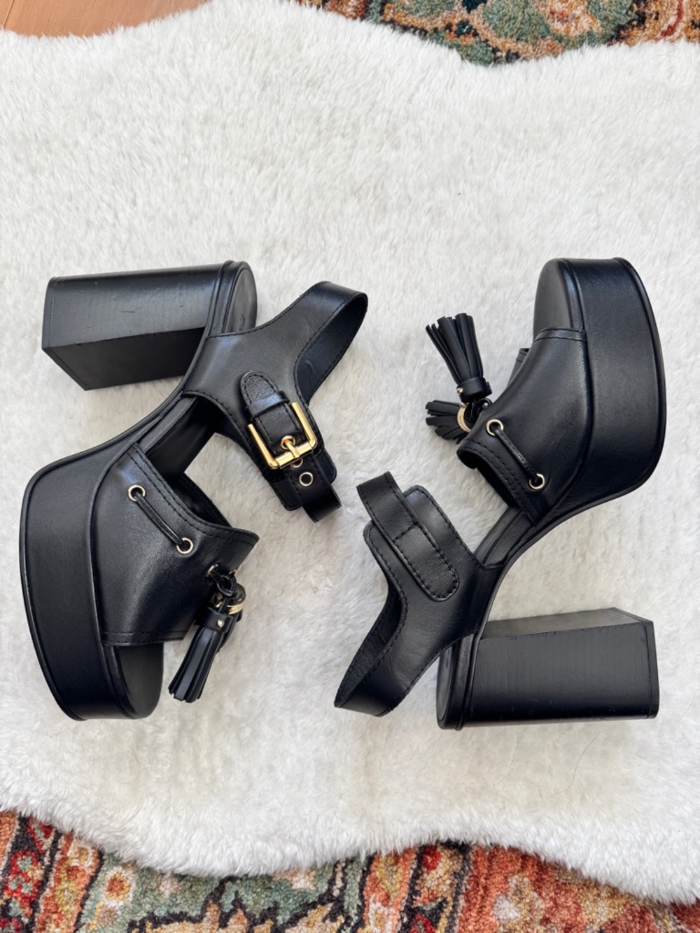 See By Chloé Black Leather Tassel Platform Sandals